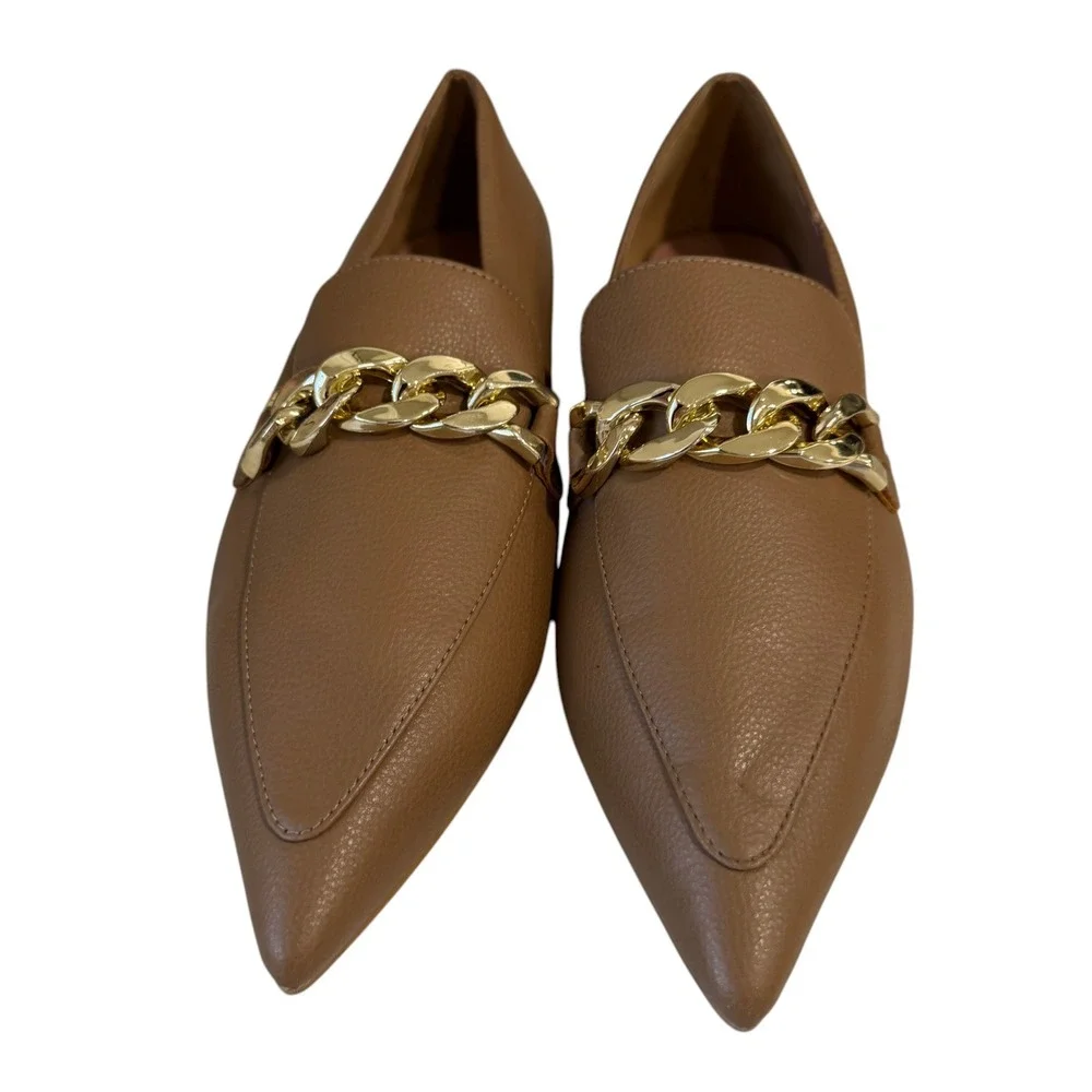 Paolo Tan Chain Loafers Pointed Toe‎ Minimalist Neutral Chic Womens Flats 6.5M